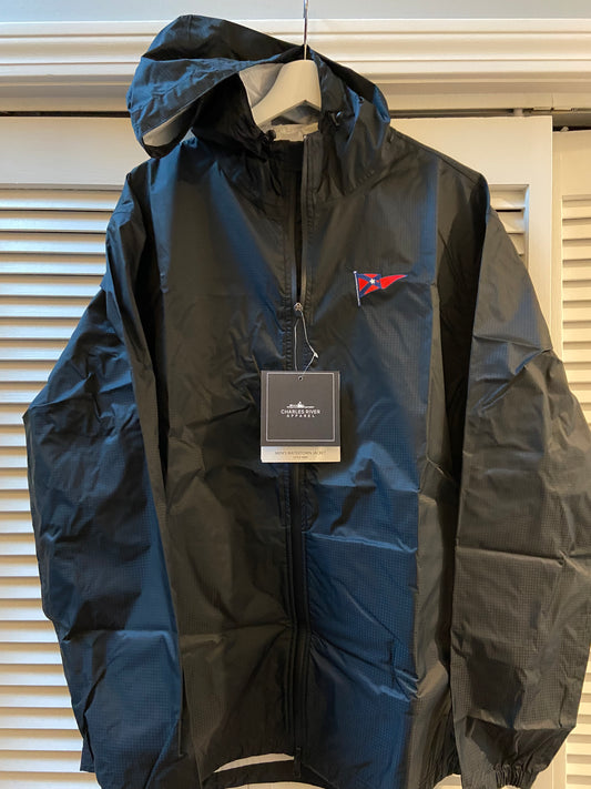 Men's Full Zip Rain Jacket with Hood - Black